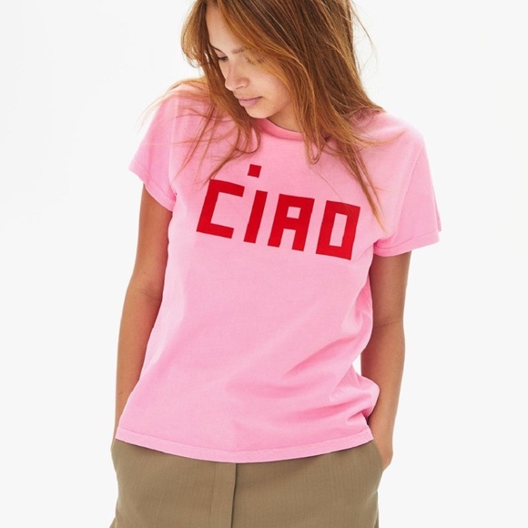 Clare V Classic CIAO Tee in Neon Pink/Poppy Block Size M - Picture 1 of 7